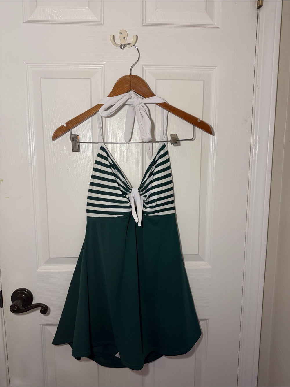 COCOSHIP Green and White Striped Halter Swim Dress